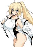 1girl absurdres bare_shoulders bespectacled blonde_hair blue_eyes collarbone competition_swimsuit fate/grand_order fate_(series) glasses harukon_(halcon) heart highres jacket jacket_over_swimsuit jeanne_d&#039;arc_(fate) jeanne_d&#039;arc_(fate)_(all) looking_at_viewer one-piece_swimsuit ponytail simple_background sketch smile solo swimsuit whistle whistle_around_neck white_background 