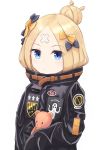  1girl abigail_williams_(fate/grand_order) alternate_hairstyle artist_request bandaid_on_forehead bangs belt black_bow black_jacket blonde_hair blue_eyes blush bow commentary fate/grand_order fate_(series) forehead hair_bow hair_bun high_collar holding holding_stuffed_animal jacket long_hair looking_at_viewer orange_bow parted_bangs polka_dot polka_dot_bow simple_background sleeves_past_fingers sleeves_past_wrists solo stuffed_animal stuffed_toy teddy_bear white_background 