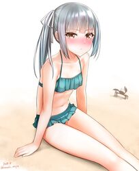  1girl :&lt; aqua_bikini arm_support arms_at_sides bangs bare_arms bare_legs barefoot bikini bikini_skirt blunt_bangs blush breasts brown_eyes collarbone crab dated eyebrows_visible_through_hair feet_out_of_frame frilled_bikini frills hair_ribbon halter_top halterneck highres kantai_collection kanzaki_muyu kasumi_(kantai_collection) long_hair looking_at_viewer navel ribbon sand side_ponytail signature silver_hair sitting small_breasts swimsuit 