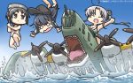  3girls ahoge aircraft airplane akatsuki_(kantai_collection) akitsushima_(kantai_collection) black_hair blue_sky brown_eyes chibi closed_eyes commentary day diving_mask diving_mask_on_head flat_cap flying_boat gradient_sky grey_hair hamu_koutarou hat highres kantai_collection long_hair maru-yu_(kantai_collection) multiple_girls nishikitaitei-chan open_mouth outdoors remodel_(kantai_collection) riding school_swimsuit sharp_teeth short_hair side_ponytail sidelocks sky swimsuit tears teeth waves white_school_swimsuit white_swimsuit 