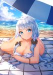  1girl ass azur_lane bangs beach beach_mat blue_eyes blush breasts chahei cleavage closed_mouth day eyebrows_visible_through_hair gloves hair_ornament head_tilt highres illustrious_(azur_lane) large_breasts light_particles long_hair looking_at_viewer low_twintails lying mole mole_under_eye ocean outdoors sand shiny shiny_skin smile solo sparkle swimsuit thighs twintails untied_bikini_top white_hair 
