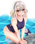  1girl absurdres arm_support bare_arms bare_legs barefoot blonde_hair blue_eyes blue_swimsuit braid breasts commentary_request contemporary eyebrows_visible_through_hair fate/grand_order fate_(series) hair_between_eyes headpiece highres jeanne_d&#039;arc_(fate) jeanne_d&#039;arc_(fate)_(all) large_breasts long_braid long_hair looking_at_viewer one-piece_swimsuit pool poolside sarfata single_braid smile swimsuit very_long_hair wading wet wet_clothes 