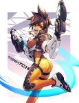  1girl :d ass bodysuit bomber_jacket brown_hair brown_jacket chingisu copyright_name dual_wielding earrings eyebrows_visible_through_hair eyes_visible_through_hair gloves goggles gun harness holding holding_gun holding_weapon jacket jewelry leather leather_jacket leg_up open_mouth orange_bodysuit overwatch short_hair smile solo spiky_hair teeth tracer_(overwatch) weapon 