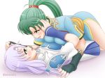  2girls amezuku blush breasts dress fingerless_gloves fire_emblem fire_emblem:_rekka_no_ken fire_emblem_heroes florina gloves green_eyes green_hair long_hair lyndis_(fire_emblem) multiple_girls open_mouth pegasus_knight ponytail purple_hair yuri 