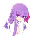  1girl bangs bb_(fate/extra_ccc) blush breasts chan_co cleavage commentary_request eyebrows_visible_through_hair fate/grand_order fate_(series) hair_between_eyes hair_ribbon large_breasts long_hair looking_at_viewer purple_hair ribbon shirt simple_background smile solo upper_body very_long_hair violet_eyes white_background white_shirt 