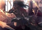  1boy berserker black_hair blood chains clenched_teeth commentary dark_skin dark_skinned_male fate/stay_night fate_(series) faulds heterochromia indoors male_focus motion_blur muscle ouka_(ra-raradan) reflection reflective_floor rubble shirtless solo sword teeth weapon window 