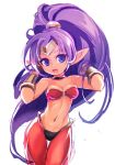  1girl :d bandeau bare_shoulders blue_eyes bracer breasts chingisu circlet dark_skin hands_in_hair harem_pants high_ponytail long_hair navel open_mouth pants pointy_ears purple_hair red_pants shantae_(character) shantae_(series) simple_background small_breasts smile solo very_long_hair white_background wide_ponytail 