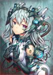  1girl blurry blurry_background bodysuit breasts eyebrows_visible_through_hair gia grey_eyes headgear long_hair looking_at_viewer mecha_musume mechanical_arms medium_breasts multicolored multicolored_eyes original silver_hair sleeveless solo tattoo 