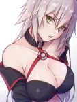  1girl ahoge bangs bare_shoulders bikini black_bikini black_jacket blush breasts cleavage collarbone covered_nipples eyebrows_visible_through_hair fate/grand_order fate_(series) hair_between_eyes halter_top halterneck head_tilt highres jacket jeanne_d&#039;arc_(alter_swimsuit_berserker) jeanne_d&#039;arc_(fate)_(all) large_breasts looking_at_viewer midriff o-ring o-ring_top open_mouth ramchi silver_hair swimsuit yellow_eyes 