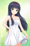 1girl absurdres alternative_girls bangs bare_shoulders black_hair blunt_bangs blush bow bracelet breasts cleavage collarbone cowboy_shot dress green_background green_eyes hair_bow hand_on_hip highres jewelry long_hair looking_at_viewer medium_breasts official_art red_bow smile standing tendou_machi white_dress 