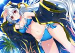  1girl bikini blue_bikini bow breasts eyebrows_visible_through_hair fate/grand_order fate_(series) flower frilled_bikini frills grey_hair hair_between_eyes hair_bow highres horns kiyohime_(fate/grand_order) kiyohime_(swimsuit_lancer)_(fate) long_hair looking_at_viewer medium_breasts morizono_shiki navel ponytail red_eyes see-through smile solo swimsuit very_long_hair yellow_bow 