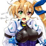  1girl :d ahoge bangs black_gloves black_shirt blonde_hair blue_ribbon breasts commentary_request dated eyebrows_visible_through_hair gloves green_eyes hair_ribbon heterochromia jacket large_breasts long_hair long_sleeves looking_at_viewer lyrical_nanoha magical_girl open_mouth partial_commentary red_eyes ribbon san-pon shirt side_ponytail simple_background smile solo standing twitter_username upper_body vivid_strike! vivio white_background white_jacket 
