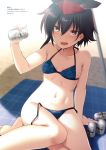  1girl :d arm_support arm_up bangs bare_arms bare_legs bare_shoulders barefoot beach bikini black_hair blue_bikini blush breasts brown_eyes brown_hair can collarbone day hair_between_eyes hat holding holding_can i-14_(kantai_collection) kantai_collection looking_at_viewer nagami_yuu navel open_mouth outdoors sand short_hair side-tie_bikini sitting small_breasts smile solo swimsuit translation_request untied untied_bikini yokozuwari 