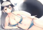  1girl :o absurdres animal_ears bikini blue_bikini blush breasts cleavage collarbone commentary extra_ears eyebrows_visible_through_hair fox_ears fox_tail hair_between_eyes highres kanzakietc kemono_friends long_hair looking_at_viewer lying medium_breasts navel on_side orange_eyes silver_fox_(kemono_friends) silver_hair simple_background solo swimsuit tail white_background 