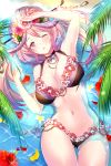  1girl arm_up armpits ass_visible_through_thighs bangs beach blush breasts choker chopsticks cleavage collarbone flower flower_bikini groin guki_(houchi_shoujo) hair_flower hair_ornament hair_up hairpin hand_up head_tilt hibiscus houchi_shoujo jewelry koyama_sao large_breasts long_hair looking_at_viewer lying navel necklace ocean on_back one_eye_closed open_mouth palm_leaf partially_submerged pink_hair sand sidelocks solo sparkle stomach swimsuit tassel thighs 