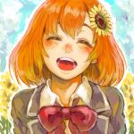  1girl ^_^ ^o^ bangs blazer blue_sky blush bow bowtie closed_eyes closed_eyes clouds commentary_request day facing_viewer field flower flower_field grey_jacket hair_flower hair_ornament head_tilt himawari_honma jacket medium_hair nijisanji open_mouth orange_hair outdoors parted_bangs red_bow red_neckwear school_uniform shiny shiny_hair shirt shu-mai sky smile solo sunflower sunflower_hair_ornament upper_body virtual_youtuber white_shirt wing_collar 