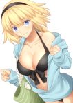  1girl artist_request bag bikini bikini_top black_bikini black_bikini_top black_hairband blonde_hair blue_eyes blue_jacket braid breasts cleavage closed_mouth collarbone commentary_request eyebrows_visible_through_hair fate/grand_order fate_(series) hair_ornament hairband highres hood hooded_jacket jacket jeanne_d&#039;arc_(fate) jeanne_d&#039;arc_(fate)_(all) large_breasts long_hair looking_at_viewer open_clothes open_jacket simple_background single_braid smile solo swimsuit white_background 