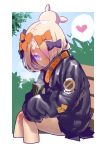  1girl abigail_williams_(fate/grand_order) absurdres alternate_hairstyle bandaid_on_forehead bangs belt bench black_bow black_jacket blonde_hair blue_eyes blush bow bush can commentary_request deathwingxiii fate/grand_order fate_(series) forehead hair_bow hair_bun hair_over_one_eye heart high_collar highres jacket long_hair looking_at_viewer looking_to_the_side orange_bow parted_bangs polka_dot polka_dot_bow sitting sleeves_past_fingers sleeves_past_wrists solo spoken_heart thighs tree 