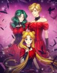  3girls alternate_costume bangs bare_shoulders bishoujo_senshi_sailor_moon blonde_hair blue_eyes choker closed_mouth corset double_bun dress earrings elena_ivlyushkina feathers green_hair jewelry kaiou_michiru long_hair looking_at_viewer multiple_girls parted_bangs purple_background red_dress short_hair signature smile strapless strapless_dress ten&#039;ou_haruka tsukino_usagi twintails very_short_hair 