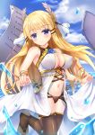  1girl armpits azur_lane bangs bare_shoulders barefoot black_legwear black_panties blonde_hair blue_eyes blush breasts cannon cleavage closed_mouth clouds commentary_request covered_nipples day dress dress_lift eyebrows_visible_through_hair eyelashes fingernails flight_deck floating_hair flower_ornament groin hair_ornament hair_ribbon head_tilt highleg highleg_panties highres large_breasts laurel_crown leg_up lifted_by_self looking_at_viewer md5_mismatch navel no_bra no_shoes ocean outdoors panties revision ribbon rigging ruby_(stone) skindentation skirt_hold sky sleeveless sleeveless_dress smile solo splashing ss851251 standing standing_on_liquid standing_on_one_leg stomach thigh-highs thighs toeless_legwear turret underwear veil victorious_(azur_lane) water_drop wrist_ribbon yellow_ribbon 