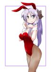  1girl animal_ears bare_shoulders black_ribbon blue_eyes blush breasts bunny_tail bunnysuit cleavage covered_navel eyebrows_visible_through_hair fake_animal_ears hair_ribbon hiiragi_kagami lavender_hair long_hair looking_at_viewer lucky_star medium_breasts mizushima_(p201112) open_mouth pantyhose rabbit_ears ribbon simple_background solo tail twintails white_background wrist_cuffs 