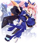  animal_ear_fluff animal_ears blue_legwear blue_ribbon bow breasts cleavage collarbone detached_sleeves fang fate/grand_order fate_(series) fox_ears fox_tail hair_bow hair_ribbon highres japanese_clothes large_breasts open_mouth pink_hair ribbon rx7649 tail tamamo_(fate)_(all) tamamo_no_mae_(fate) yellow_eyes zoom_layer 