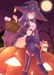  1girl basket bat blush breasts commentary_request eyebrows_visible_through_hair flower flower_knight_girl hat highres holding holding_basket jack-o&#039;-lantern legs_crossed light_bulb long_hair looking_at_viewer moon night norinori_12th open_mouth outdoors purple_hair purple_legwear sitting solo star star_(sky) thigh-highs tree very_long_hair 