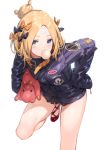  1girl abigail_williams_(fate/grand_order) alternate_hairstyle bandaid_on_forehead bangs belt black_bow black_jacket blonde_hair blue_eyes blush bow bubble_blowing chewing_gum commentary_request fate/grand_order fate_(series) forehead hair_bow hair_bun high_collar hips holding holding_stuffed_animal jacket leaning_forward long_hair looking_at_viewer orange_bow parted_bangs paseri polka_dot polka_dot_bow red_footwear simple_background sleeves_past_fingers sleeves_past_wrists solo stuffed_animal stuffed_toy teddy_bear thighs white_background 