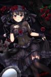  1girl animal bangs black_bow black_capelet black_cat black_dress black_eyes black_hair black_legwear blush bow breasts capelet cat commentary_request dress eyebrows_visible_through_hair flower frilled_capelet frilled_dress frilled_legwear frills gothic_lolita hair_between_eyes hairband highres lolita_fashion lolita_hairband looking_at_viewer medium_breasts mirror omoomomo original parted_lips petals pocket_watch red_flower red_rose rose rose_petals see-through short_sleeves signature skirt_hold solo thigh-highs watch wrist_cuffs 