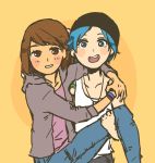  2girls :d bangs black_hat blue_eyes blue_hair blue_pants blush_stickers bracelet brown_eyes brown_hair brown_jacket chloe_price commentary denim english_commentary hat hug hug_from_side jacket jeans jewelry life_is_strange long_sleeves looking_at_viewer max_caulfield multiple_girls necklace open_clothes open_jacket open_mouth orange_background pants parted_lips round_teeth short_hair simple_background smile sooyun_choi tank_top tattoo teeth white_tank_top 
