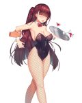  1girl absurdres alcohol animal_ears arm_grab armpits bangs bare_shoulders black_leotard blush breasts bunny_girl bunnysuit cleavage cocktail_glass covered_navel cup detached_collar detached_hand drinking_glass eyebrows_visible_through_hair fishnet_pantyhose fishnets girls_frontline groin hair_ribbon half-closed_eyes half_updo highres holding holding_tray large_breasts lelick leotard long_hair looking_at_viewer no_panties one_side_up open_mouth pantyhose purple_hair rabbit_ears red_eyes red_ribbon ribbon simple_background spilling tray very_long_hair wa2000_(girls_frontline) white_background wrist_cuffs 