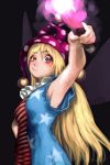  1girl alternate_eye_color american_flag_dress arm_up armpits bare_arms black_background blonde_hair blue_dress blush breasts brown_eyes clownpiece commentary_request dress fairy_wings gengoroumaru_(ambidextrous) hair_between_eyes hand_on_hip hat highres holding holding_torch jester_cap long_hair looking_at_viewer medium_breasts neck_ruff polka_dot_hat purple_hat red_dress simple_background smile smirk solo star star_print striped striped_dress torch touhou uneven_eyes upper_body very_long_hair wings 
