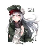  1girl bangs blush_stickers character_name closed_mouth eyebrows_visible_through_hair flat_cap frown g11_(girls_frontline) girls_frontline green_hat green_jacket grey_eyes hair_between_eyes hat jacket long_hair looking_at_viewer melynx_(user_aot2846) off_shoulder open_clothes open_jacket shirt silver_hair simple_background solo torn_clothes torn_jacket torn_shirt very_long_hair white_background white_shirt 