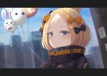  1girl abigail_williams_(fate/grand_order) balloon bangs black_bow black_jacket blonde_hair blue_eyes blue_sky bow building closed_mouth clouds commentary_request day fate/grand_order fate_(series) fou_(fate/grand_order) hair_bow hair_bun jacket long_hair looking_at_viewer medjed orange_bow outdoors parted_bangs polka_dot polka_dot_bow portrait razaria sky skyscraper solo 