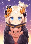  1girl 2018 :o abigail_williams_(fate/grand_order) bangs black_bow black_jacket blonde_hair blue_eyes bow breasts commentary_request crossed_bandaids cuffed eyebrows_visible_through_hair fate/grand_order fate_(series) hair_bow hair_bun heart highres holding holding_stuffed_animal jacket long_hair long_sleeves looking_at_viewer orange_bow parted_bangs parted_lips polka_dot polka_dot_bow round_teeth sasha_chii signature sleeves_past_fingers sleeves_past_wrists solo sparkle_background stuffed_animal stuffed_toy teddy_bear teeth upper_teeth 