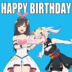  :d a.i._channel alternate_costume animal_ears armband bangs bare_shoulders birthday birthday_cake black_dress blue_background bow breasts brown_hair cake cat_ears character_name choker cleavage_cutout closed_eyes commentary_request cowboy_shot dress english eyebrows_visible_through_hair food frilled_choker frills hair_bow hair_ornament hairband hairclip happy happy_birthday holding_cake kaguya_luna kaguya_luna_(character) kemuri_haku kizuna_ai lace-trimmed_sleeves large_breasts long_hair medium_breasts multicolored_hair obi open_mouth outstretched_arms pink_bow pink_hair pink_hairband ribbon round_teeth sash silver_hair simple_background sleeveless sleeveless_dress smile standing streaked_hair striped striped_ribbon swept_bangs teeth twintails two-tone_hair virtual_youtuber white_dress white_ribbon wrist_ribbon x_hair_ornament 