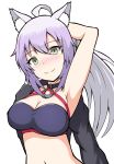  1girl absurdres ahoge animal_ear_fluff animal_ears arm_up atalanta_(fate) bangs bikini black_jacket blush breasts cat_ears cleavage closed_mouth commentary_request eyebrows_visible_through_hair fate/apocrypha fate_(series) gradient_hair green_eyes hair_between_eyes head_tilt highres jacket large_breasts mitchi multicolored_hair navel nose_blush o-ring purple_bikini purple_hair smile solo swimsuit upper_body white_hair 
