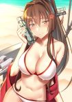  1girl alternate_costume arm_support bare_shoulders beach blush bottle breasts brown_eyes brown_hair cannon cleavage collarbone day eyebrows_visible_through_hair flower hair_flower hair_ornament half-closed_eyes head_tilt headgear holding holding_bottle kantai_collection large_breasts long_hair looking_at_viewer machinery navel ocean off_shoulder oriental_umbrella outdoors pallad ponytail ramune rigging sand sitting smile solo sparkle stomach turret umbrella very_long_hair wet yamato_(kantai_collection) 