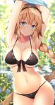  1girl armpits arms_up bikini black_bikini blonde_hair blue_eyes blurry blurry_background blush braid breasts closed_mouth collarbone cowboy_shot depth_of_field eyebrows_visible_through_hair fate/grand_order fate_(series) front-tie_top hairband jeanne_d&#039;arc_(fate)_(all) large_breasts lifted_by_self long_hair navel outdoors rin_yuu shirt_lift single_braid smile solo sweat swimsuit very_long_hair 