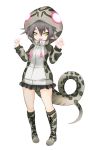  1girl :d boots drawstring eyebrows_visible_through_hair fangs full_body glowing grey_hair habu_(kemono_friends) hair_between_eyes hands_up hood hood_up hoodie ise_(0425) kemono_friends knee_boots looking_at_viewer open_mouth print_hoodie simple_background smile snake_print snake_tail solo standing tail v-shaped_eyebrows white_background yellow_eyes 