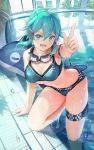  1girl aqua_eyes aqua_hair bikini blue_bikini breasts chair cleavage feet_out_of_frame hair_ornament hairclip indoors inflatable_dolphin inflatable_toy looking_at_viewer lounge_chair medium_breasts nisimy open_mouth pool pool_ladder shinon_(sao) short_hair solo swimsuit sword_art_online thigh_strap window 