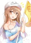  1girl :o absurdres bangs bare_shoulders blue_shirt blush brown_eyes brown_hair character_name collarbone commentary eyebrows_visible_through_hair flag flat_cap hair_between_eyes hat hataraku_saibou head_tilt highres holding holding_flag long_hair looking_at_viewer off_shoulder open_mouth platelet_(hataraku_saibou) round_teeth shiny shiny_hair shirt sidelocks simple_background solo sunhyun teeth upper_body upper_teeth white_background white_hat 