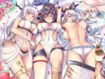  3girls animal_ears arms_behind_head ass backless_outfit bangs bare_shoulders beach bikini black_hair blue_eyes blunt_bangs blush braid breast_press breasts cat_ears cleavage collarbone commentary_request covered_navel erune eyebrows_visible_through_hair flower granblue_fantasy grey_eyes hair_between_eyes hair_ornament hair_tubes hat hat_flower heles hibiscus ilsa jewelry korwa large_breasts long_hair looking_at_viewer lying meropan multiple_girls navel o-ring o-ring_bottom o-ring_swimsuit on_back on_stomach one-piece_swimsuit outdoors parted_lips red_eyes silver_hair single_braid skindentation swimsuit thigh_strap underbust very_long_hair water white_bikini white_swimsuit yellow_eyes 