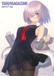  1girl between_breasts black-framed_eyewear black_dress breasts cowboy_shot dress fate/grand_order fate_(series) glasses hair_over_one_eye highres mash_kyrielight medium_breasts necktie necktie_between_breasts off_shoulder panties panties_under_pantyhose pantyhose purple_hair short_dress sleeveless sleeveless_dress smile solo tanaka_takayuki thighband_pantyhose underwear violet_eyes 