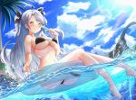  1girl :q agibe antenna_hair azur_lane bangs bikini black_bikini black_ribbon blue_sky blush breasts brown_eyes covered_nipples day eyebrows_visible_through_hair flag_print german_flag_bikini hair_between_eyes highres innertube iron_cross large_breasts long_hair looking_at_viewer mole mole_on_breast multicolored_hair navel ocean outdoors palm_tree partially_submerged prinz_eugen_(azur_lane) redhead ribbon sidelocks silver_hair sky smile solo splashing stomach streaked_hair swept_bangs swimsuit thigh_strap thighs tongue tongue_out tree two_side_up under_boob untied untied_bikini very_long_hair 