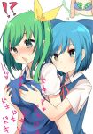  !? +_+ 2girls @_@ bangs blue_bow blue_bra blue_dress blue_eyes blue_hair blush bow bra breast_envy breast_grab breast_padding breasts cirno commentary_request daiyousei dress drooling grabbing green_hair groping hair_between_eyes hair_bow hair_ribbon heart highres karasusou_nano large_breasts multiple_girls neck_ribbon nose_blush one_side_up open_mouth pinafore_dress power-up puffy_short_sleeves puffy_sleeves red_neckwear red_ribbon ribbon shirt short_hair short_sleeves simple_background thought_bubble touhou underwear upper_body white_background white_shirt wing_collar yellow_ribbon yuri 