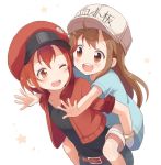  2girls ae-3803 baseball_cap belt blush brown_hair buchi_(y0u0ri_) carrying commentary denim denim_shorts eyebrows_visible_through_hair gloves hat hataraku_saibou highres jacket kindergarten_uniform long_hair multiple_girls one_eye_closed open_mouth piggyback platelet_(hataraku_saibou) red_blood_cell_(hataraku_saibou) redhead short_hair short_sleeves shorts tank_top 