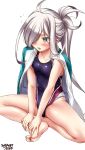  1girl asashimo_(kantai_collection) barefoot black_swimsuit blush collarbone competition_swimsuit dated eyebrows_visible_through_hair feet flat_chest grey_eyes grey_hair hair_over_one_eye highres indian_style jacket kantai_collection long_hair one-piece_swimsuit open_mouth ponytail sharp_teeth silver_hair simple_background sitting soles solo swimsuit teeth toes tsuchimiya white_background 