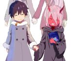  1boy 1girl bangs black_cloak black_hair book child cloak closed_eyes coat commentary commentary_request couple darling_in_the_franxx dual_persona english_commentary eyebrows_visible_through_hair fur_coat fur_trim grey_coat hetero hiro_(darling_in_the_franxx) holding holding_book holding_weapon hood hooded_cloak horns long_coat long_hair long_sleeves military military_uniform oni_horns parka pink_hair red_horns red_skin short_hair uniform user_jpff3358 weapon wide_sleeves winter_clothes winter_coat zero_two_(darling_in_the_franxx) 