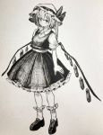  1girl absurdres bangs blush bow closed_mouth eyebrows_visible_through_hair flandre_scarlet full_body hat hat_bow highres loafers long_hair looking_at_viewer mashimashi mob_cap monochrome shoes short_sleeves side_ponytail skirt skirt_set socks solo standing touhou traditional_media 